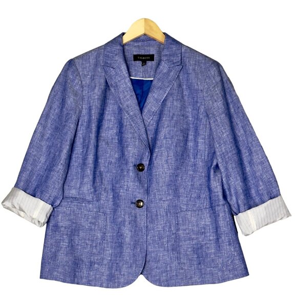 Talbots Chambray Blue Linen Two-Button Long Sleeve Lined Blazer Jacket Size 12 - Picture 2 of 10